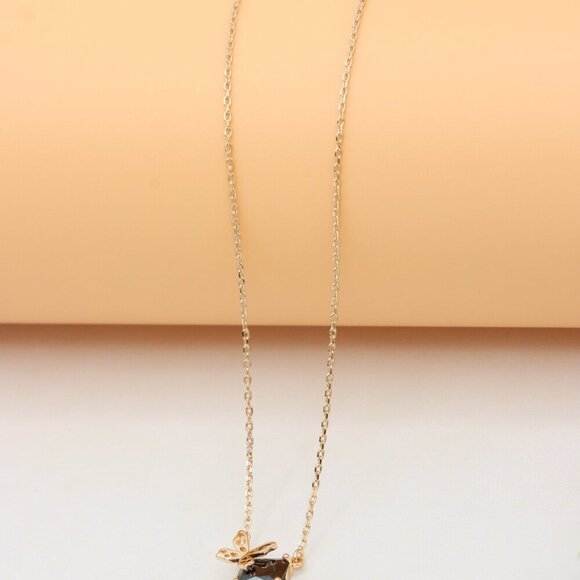 Elegant Rose Gold Necklace with Black Stone and Bow Design, XPNL0406 - Picture 6 of 12